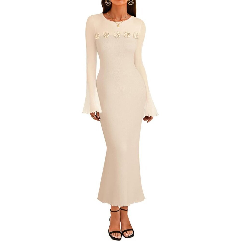 Women's Floral Sweater Dress Wool Blend Long Sleeve Formal Party